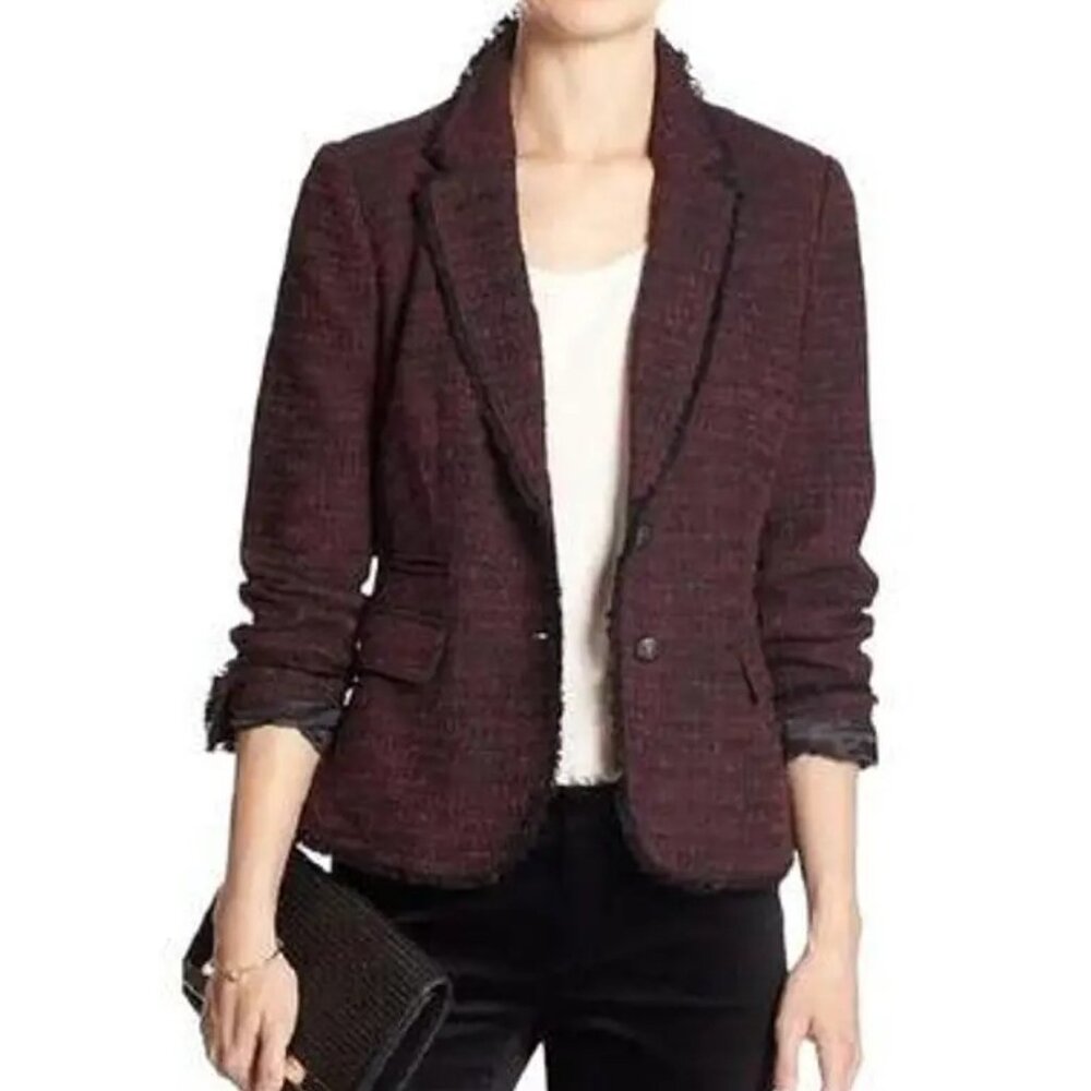 Banana Republic Boucle Raw Edge Academy Blazer, Ruby Wine, 6P, NWT